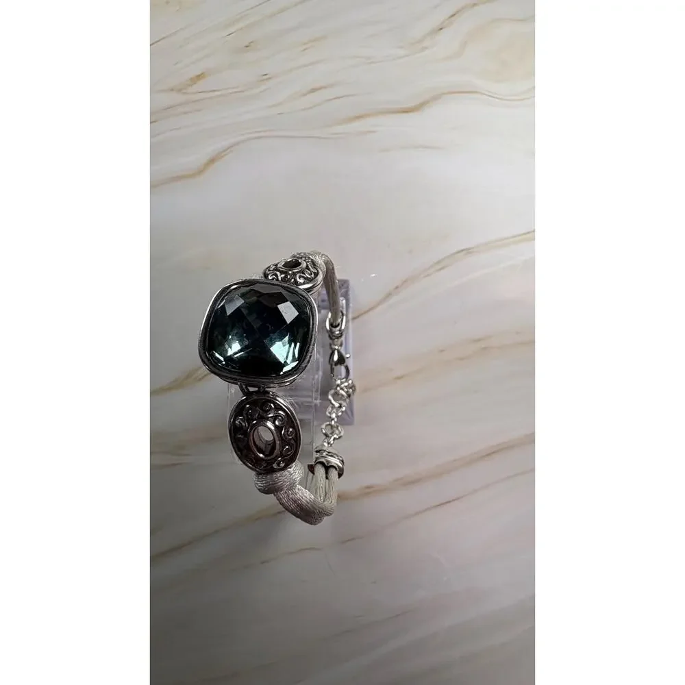 NWT Brighton VENUS Gray Cord Bracelet Crystal Cushion Cut Silver Heart Charm 38